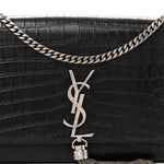 Calfskin Crocodile Embossed Medium Classic Monogram Kate Tassel Satchel Black