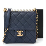 Iridescent Lambskin Quilted Chic Pearls Flap Navy Blue