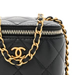 Lambskin Quilted Mini Pearl Crush Vanity Case With Chain Black