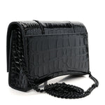 Shiny Calfskin Monochrome Crocodile Embossed Hourglass Chain Bag Black