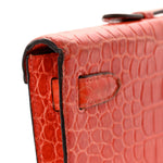 Shiny Porosus Crocodile Kelly Cut Pochette Orange Poppy