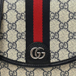 GG Supreme Monogram Textured Dollar Calfskin Web Studded Mini Ophidia Flap Shoulder Bag Beige Blue