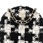 Tweed Quilted Round Clutch With Chain Black Ecru White
