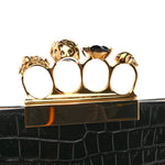Calfskin Crocodile Embossed Knuckle Flat Clutch Black Gold