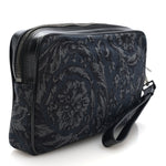 Fabric Jacquard Calfskin Barocco Wristlet Pouch Black