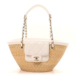 Raffia Braided Lambskin Small Shopping Tote Beige White