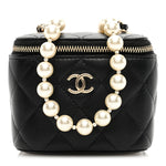 Lambskin Quilted Mini Vanity Case With Pearl Chain Black