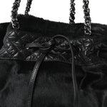 Aged Calfskin Pony Hair Quilted Small Miss Pony Drawstring Tote Black
