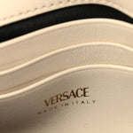 Satin Crystal Medusa Chain Clutch Beige