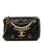 Shiny Lambskin Quilted Mini Pearl Logo Flap Black