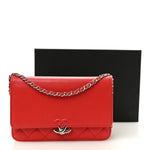 Grained Calfskin Quilted CC Box Wallet On Chain WOC Red
