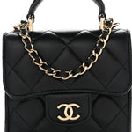 Lambskin Quilted Top Handle Flap Clutch With Chain Black