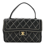 Calfskin Quilted Wild Stitch Large Top Handle Flap Black