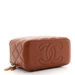 Lambskin Quilted Small Top Handle Vanity Case With Chain Light Brown Yellow