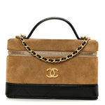 Suede Calfskin Shiny Lambskin Stitched Top Handle Slim Vanity With Chain Beige Black