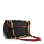 Vintage Effect Calfskin Matelasse Diagonal Small Torchon GG Marmont Shoulder Bag Black Romantic Cherry
