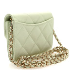 Caviar Quilted Flap Card Holder On Chain Light Green