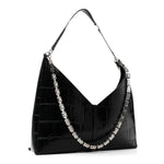 Calfskin Crocodile Embossed Large Cut Out Shoulder Bag Black