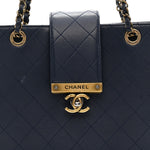 Lambskin Stitched Medium Around The Corner Shopping Tote Deep Marine