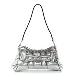 Metallic Nappa Vertical Matelasse Small Maxi Horsebit Chain Shoulder Bag Silver