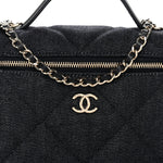 Denim Quilted Top Handle Slim Vanity Case With Chain Dark Blue