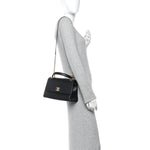 Grained Calfskin Snakeskin Small Chevron Chic Top Handle Flap Black
