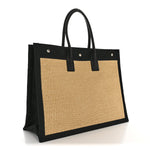 Raffia Linen Calfskin Rive Gauche Tote Naturale Black