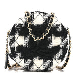Wool Tweed Lambskin Quilted Round Clutch With Chain and Coin Purse Black White