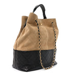 Suede Shiny Lambskin Quilted Large Shopping Bag Beige Black