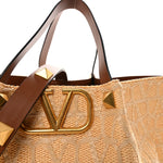 Raffia Calfskin Medium Rockstud Vlogo Tote Naturale