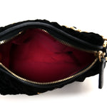 Velvet Camellia Embossed Barrel Clutch With Chain  Black