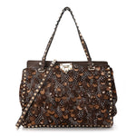 Calf Hair Feather Medium Rockstud Tote Brown