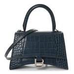 Shiny Calfskin Crocodile Embossed Small Hourglass Top Handle Bag Dark Petrol Blue
