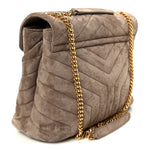 Suede Y Quilted Monogram Medium Loulou Chain Satchel Taupe