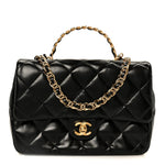 Shiny Lambskin Quilted Golden Links Top Handle Flap Black