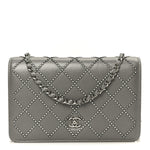 Lambskin Crystal Quilted Wallet On Chain WOC Grey