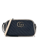 Vintage Effect Calfskin Matelasse Diagonal Small Torchon GG Marmont Chain Shoulder Bag Blue Agata Mystic White