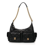 Shiny Lambskin Quilted Trendy Pockets Hobo Black