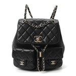 Shiny Caviar Quilted Medium Duma Pockets Drawstring Backpack Black
