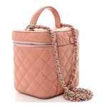 Lambskin Quilted Top Handle Vanity Case With Chain Light Pink