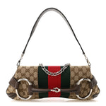 Monogram Textured Dollar Calfskin Heavy Grosgrain Web Medium Maxi Horsebit Chain Shoulder Bag Beige Ebony New Acero