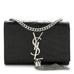Calfskin Crocodile Embossed Small Classic Monogram Kate Tassel Satchel Black