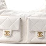 Shiny Lambskin Quilted Trendy Pockets Hobo White