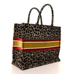 Canvas Velvet Embroidered Large Leopard Book Tote Tote Beige