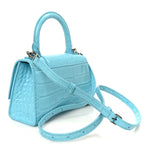 Shiny Calfskin Crocodile Embossed Hourglass Top Handle Bag XS Turquoise
