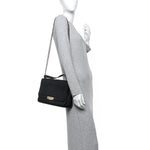 Grained Calfskin Quilted Large Label Click Flap Bag Black