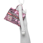 Canvas Embroidered Large Toile de Jouy Voyage Book Tote Fuchsia Multicolor