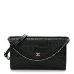 Calfskin Crocodile Embossed Envelope Clutch With Chain Emerald