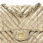 Patent Metallic Crumpled Calfskin Chevron Quilted Mini Square Flap Gold