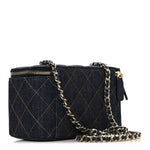 Denim Quilted Vanity Case With Chain Dark Blue